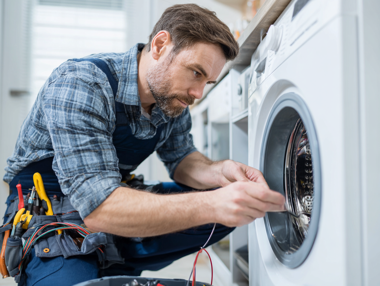 Professional appliance repair engineer working on washing machine